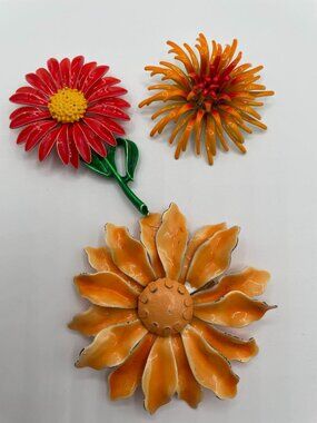 Vintage 60s Enamel Flower Brooch Trio Mod Retro Hippie Boho "Flower Power" Pins